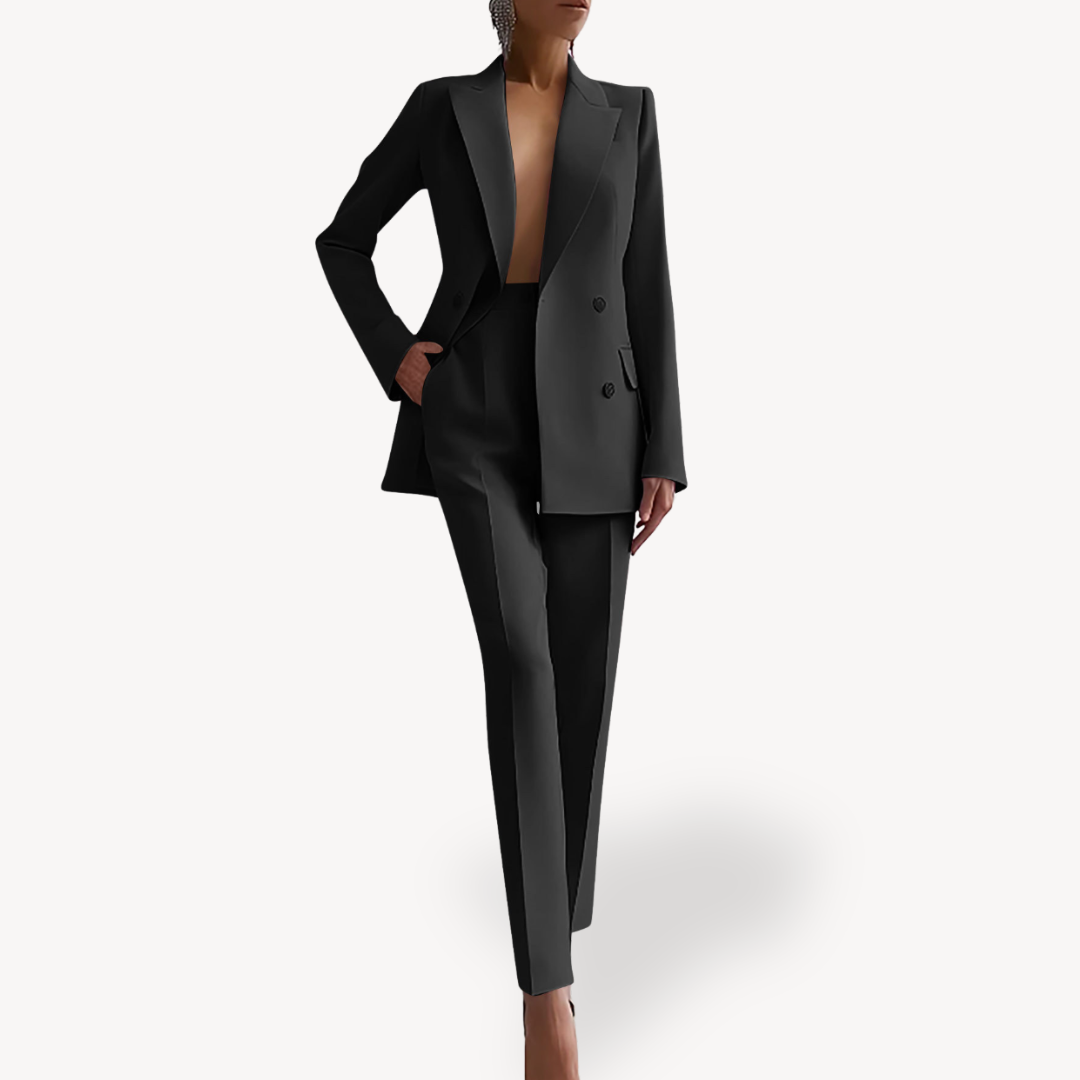 Women’s Tailored Trouser Suit – Long Double-Breasted Blazer Set for Work and Events