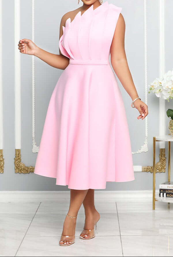 Robe midi asymétrique à une épaule pour femme, avec encolure sculpturale et taille marquée - Élégante robe de cérémonie trapèze pour les événements formels