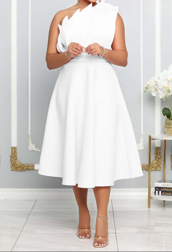 Robe midi asymétrique à une épaule pour femme, avec encolure sculpturale et taille marquée - Élégante robe de cérémonie trapèze pour les événements formels