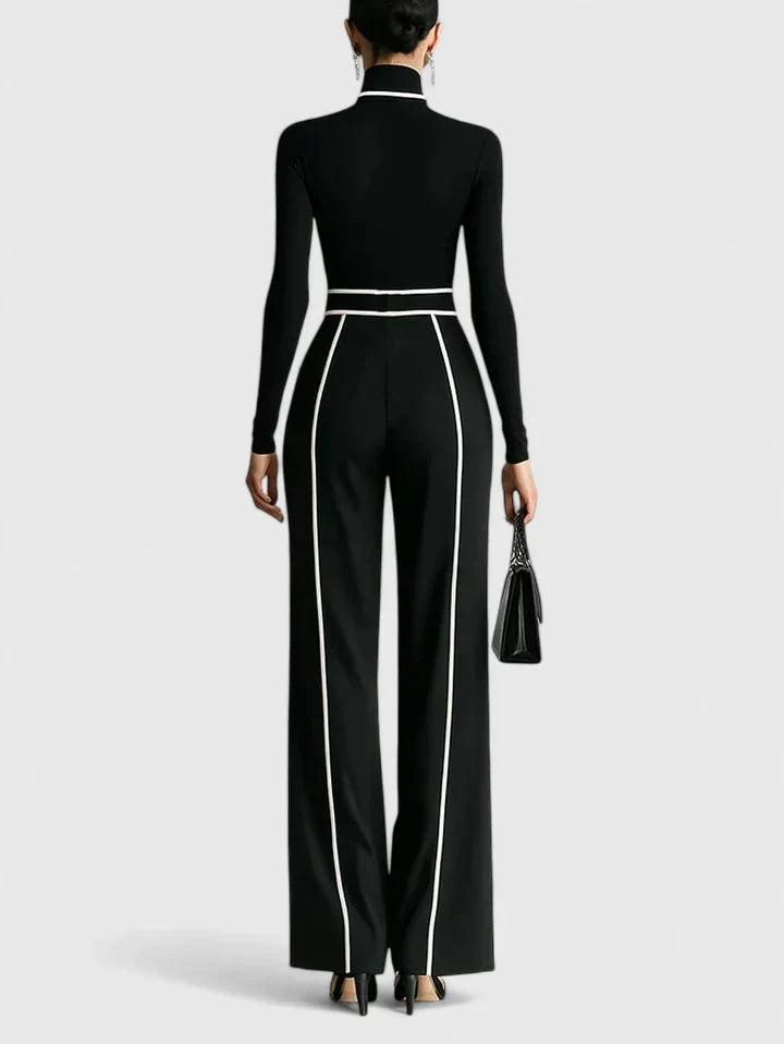 Damestrui met hoge hals en set met broek met wijde pijpen en riem - elegante contrasterende bies voor werk en avondkleding