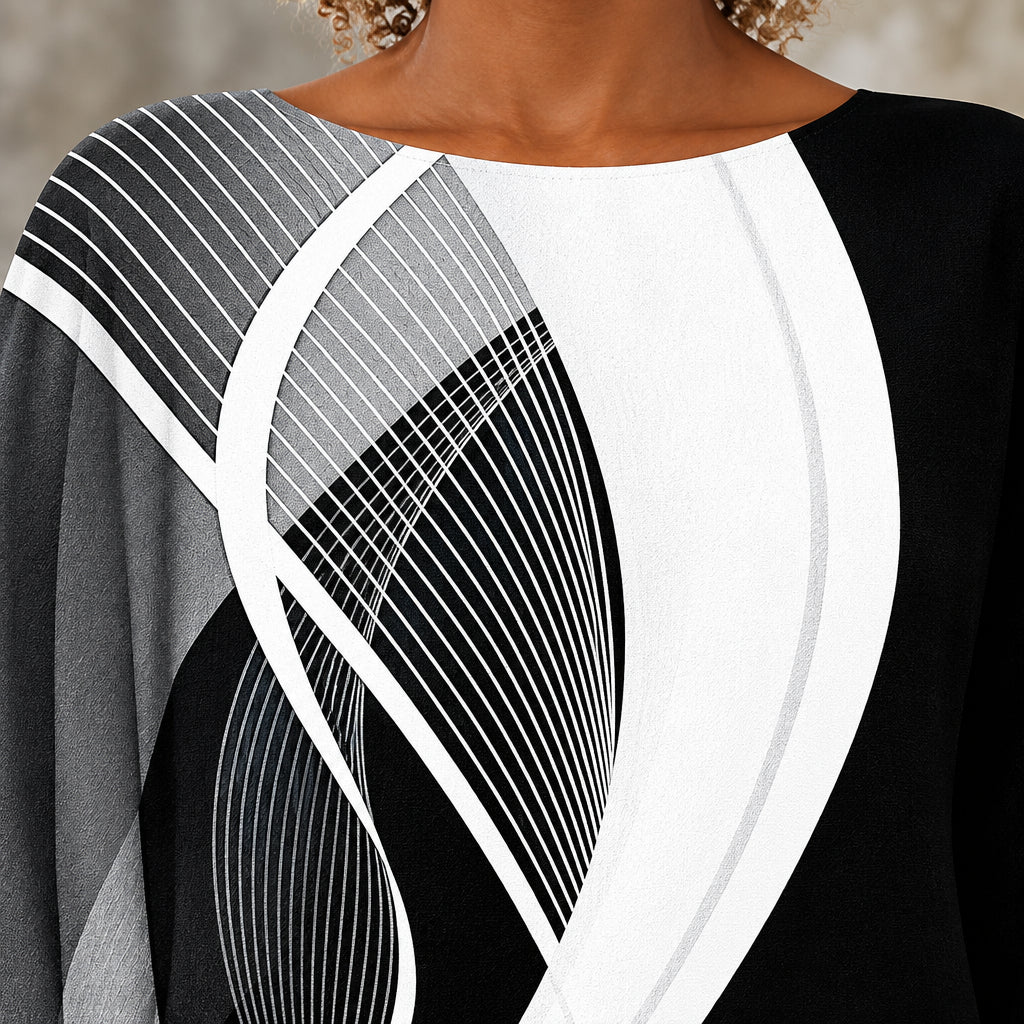 Women’s Printed Asymmetric Long-Sleeve Tunic Top – Relaxed Statement Layer for Smart Casual Everyday Office and Evening Wear