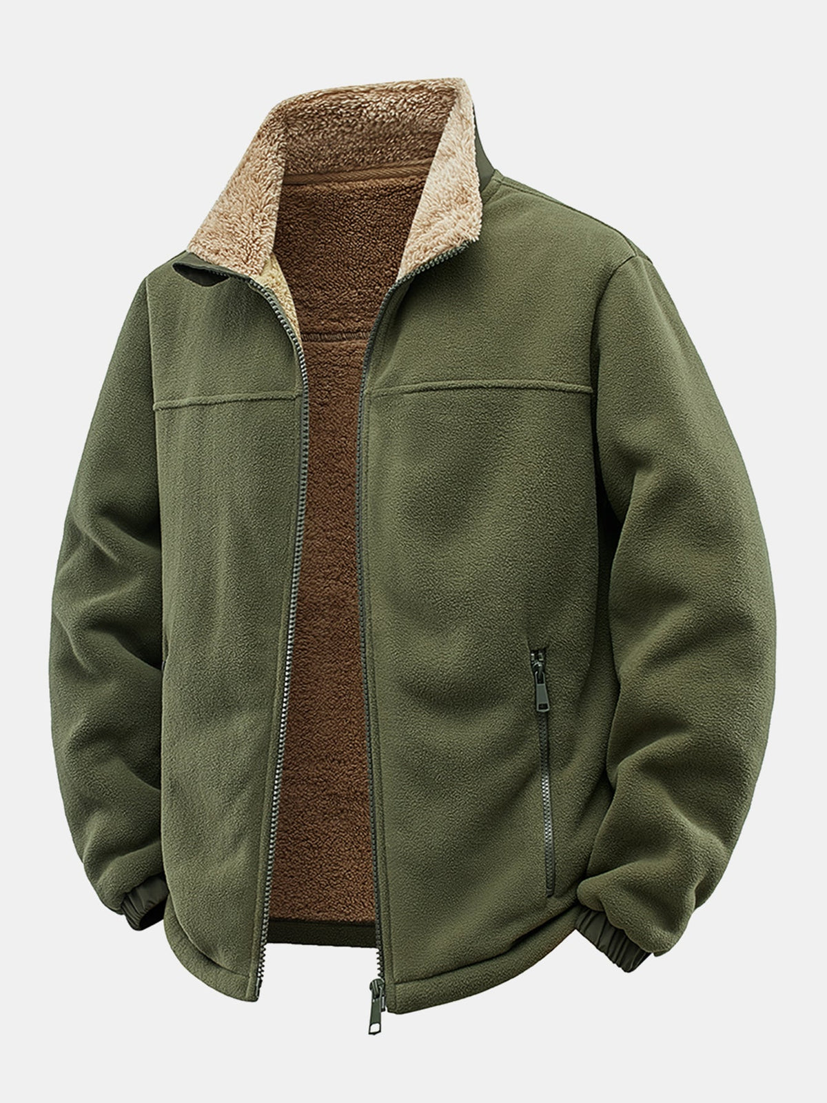 Veste en polaire doublée de teddy pour homme, avec col montant – Vêtement d’extérieur d’hiver à fermeture à glissière et coupe ample