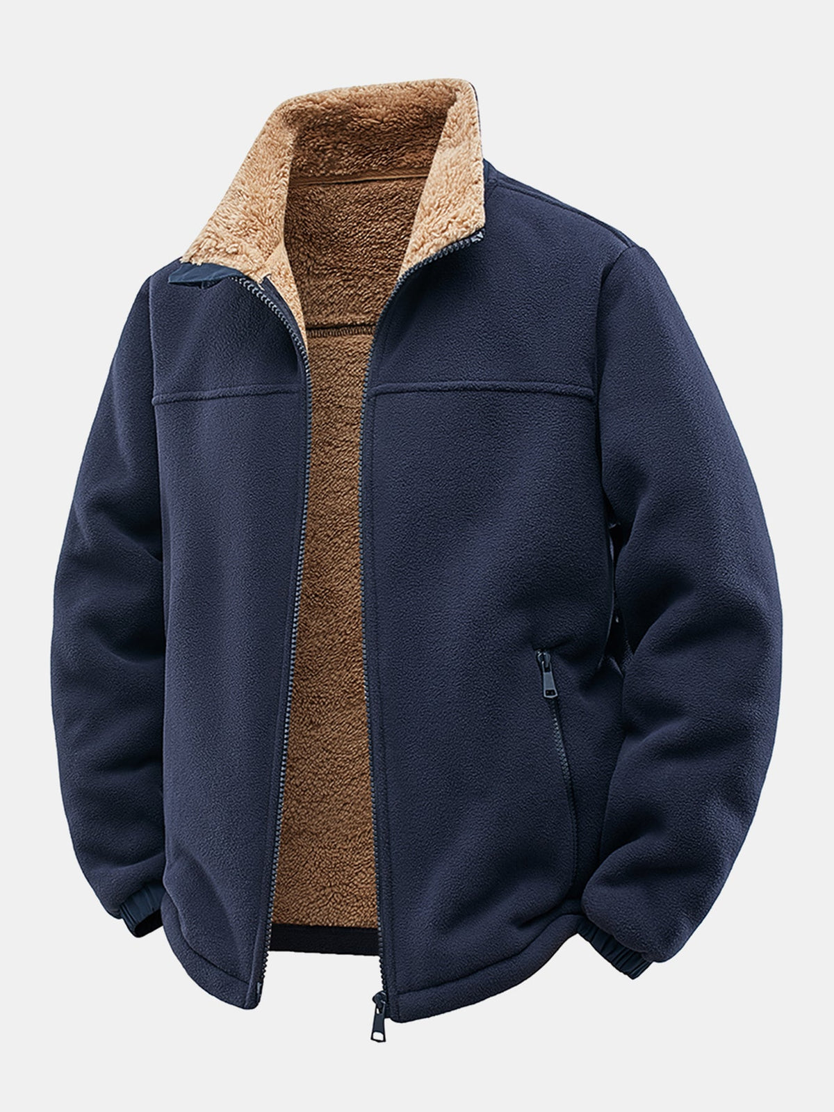 Veste en polaire doublée de teddy pour homme, avec col montant – Vêtement d’extérieur d’hiver à fermeture à glissière et coupe ample