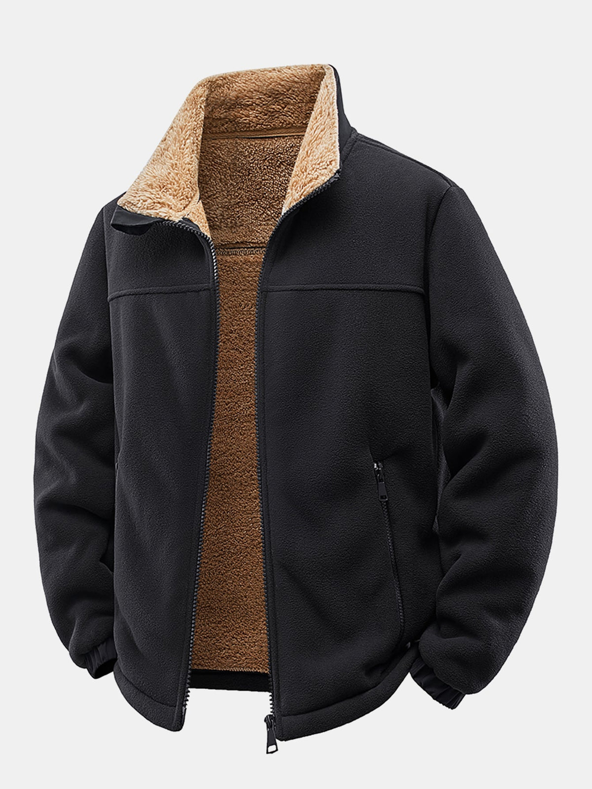 Veste en polaire doublée de teddy pour homme, avec col montant – Vêtement d’extérieur d’hiver à fermeture à glissière et coupe ample