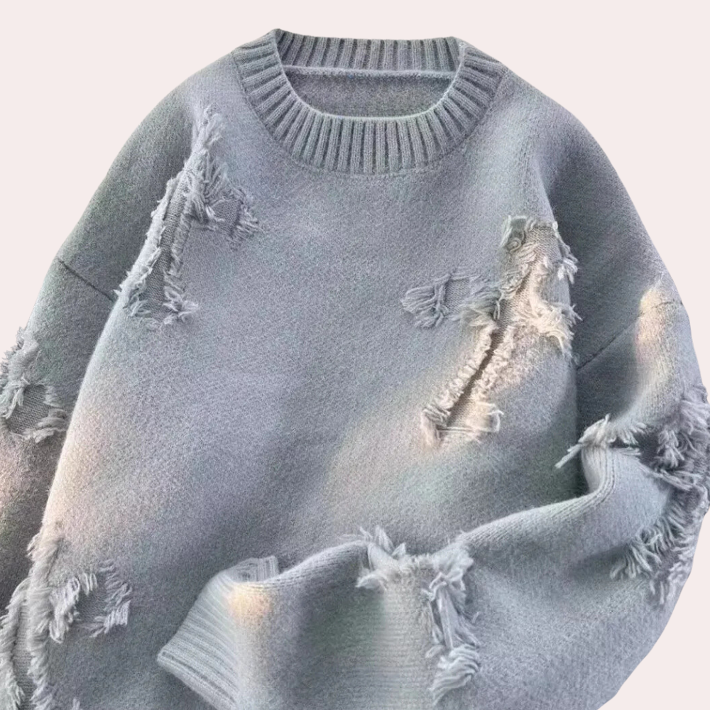 Męski oversize'owy sweter z nadrukiem i prążkowanym okrągłym dekoltem