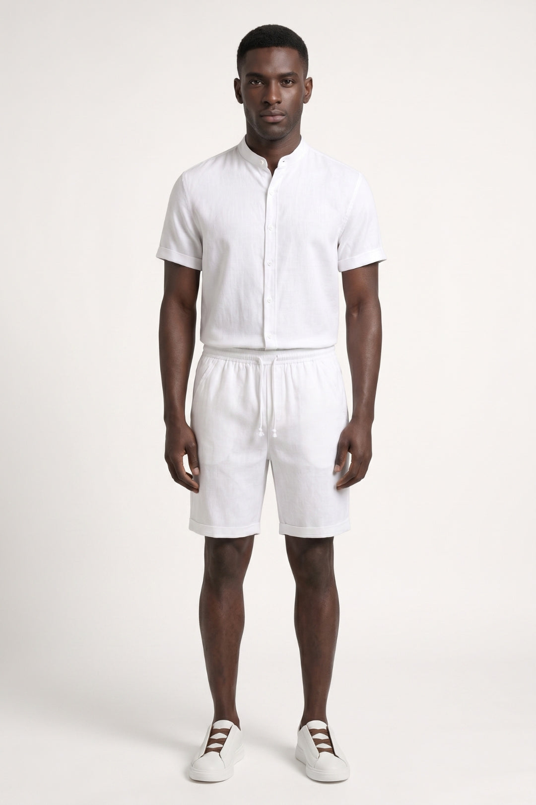 Men’s Stand Collar Shirt And Shorts Outfit Set