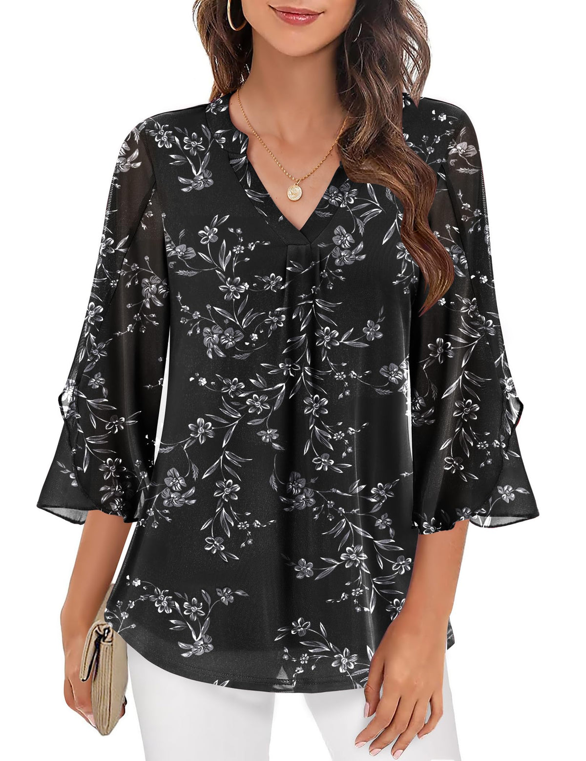 Blusa elegante estampada para mulher, de malha transparente e decote em V, com mangas evasé a três quartos – Top leve em camadas para o escritório e ocasiões casuais elegantes