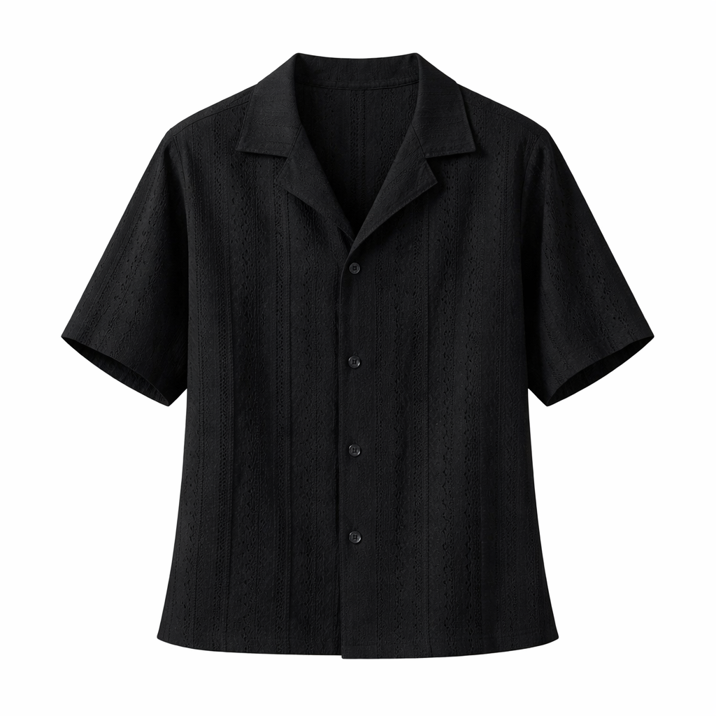Camisa de hombre de manga corta con cuello abierto texturizado, top de botones para verano