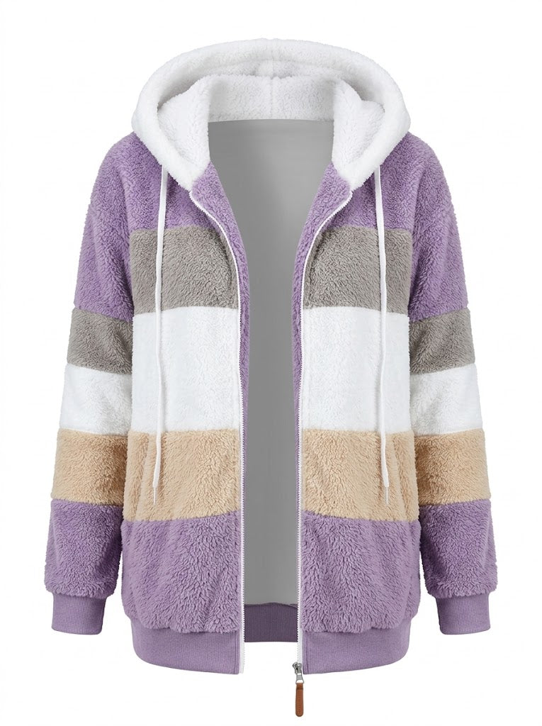 Veste à capuche pour femme en polaire teddy bicolore – couche chaude zippée pour l’hiver