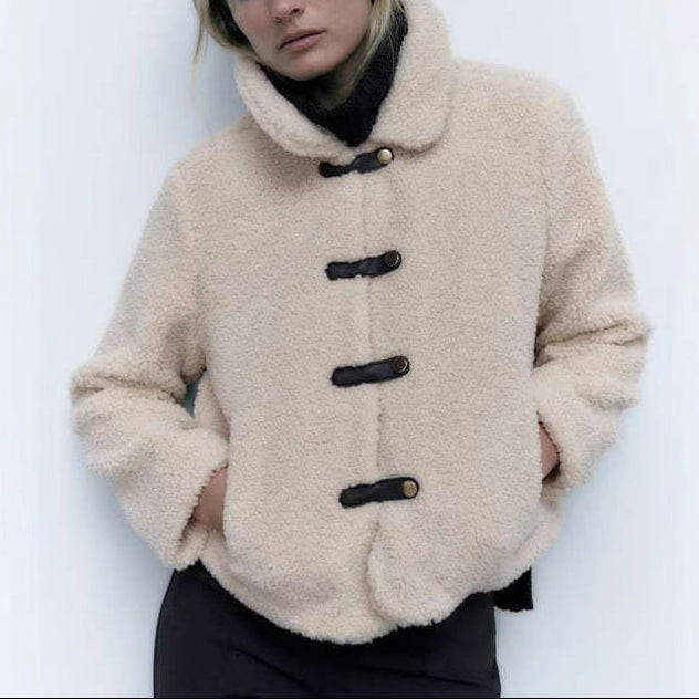 Casaco de lã polar macia estilo teddy para mulher, com fechos de gancho e gola subida - casaco curto de inverno quente e macio para o dia a dia casual