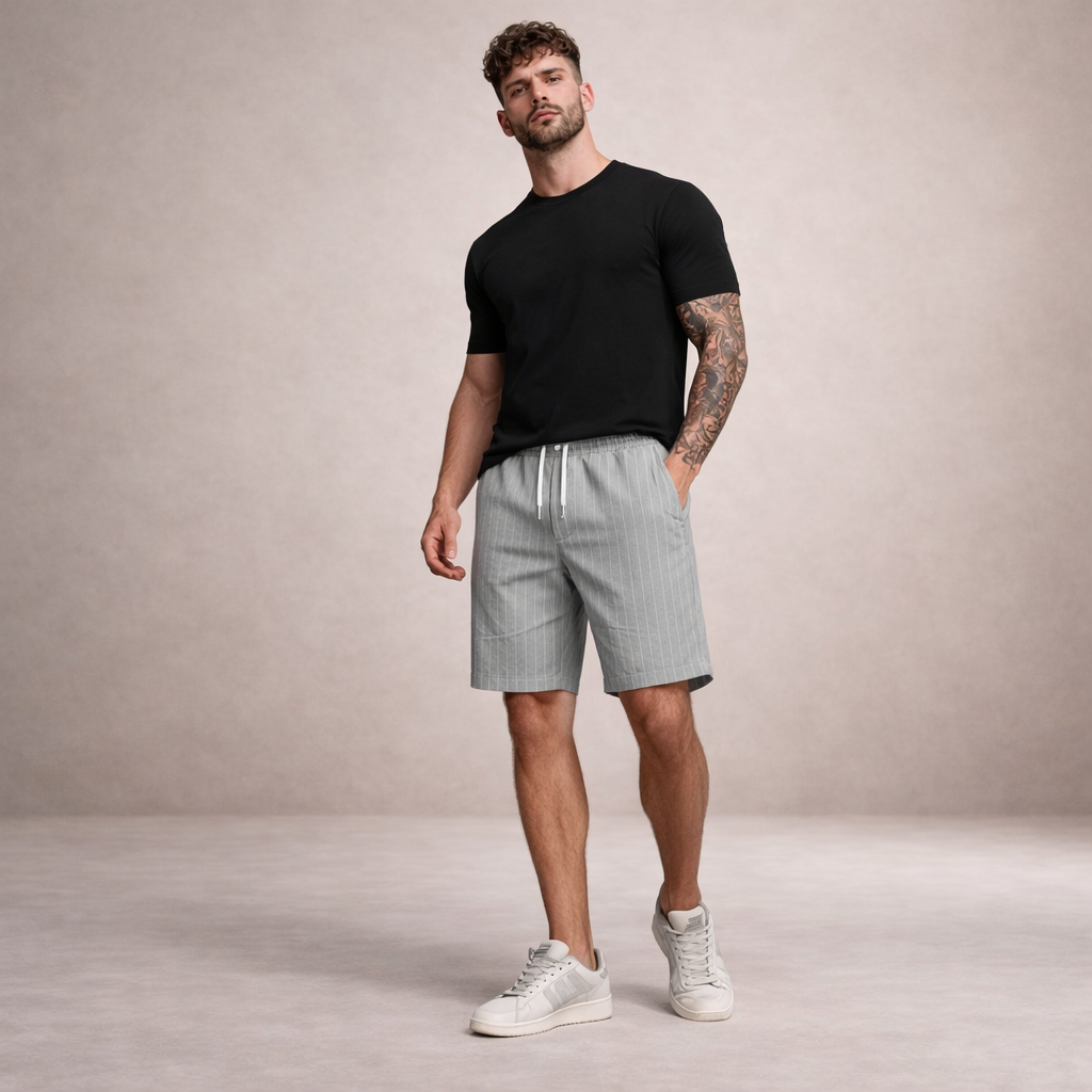 Pantaloni scurți de vară pentru bărbați din in, cu șnur, croială casual și lejeră