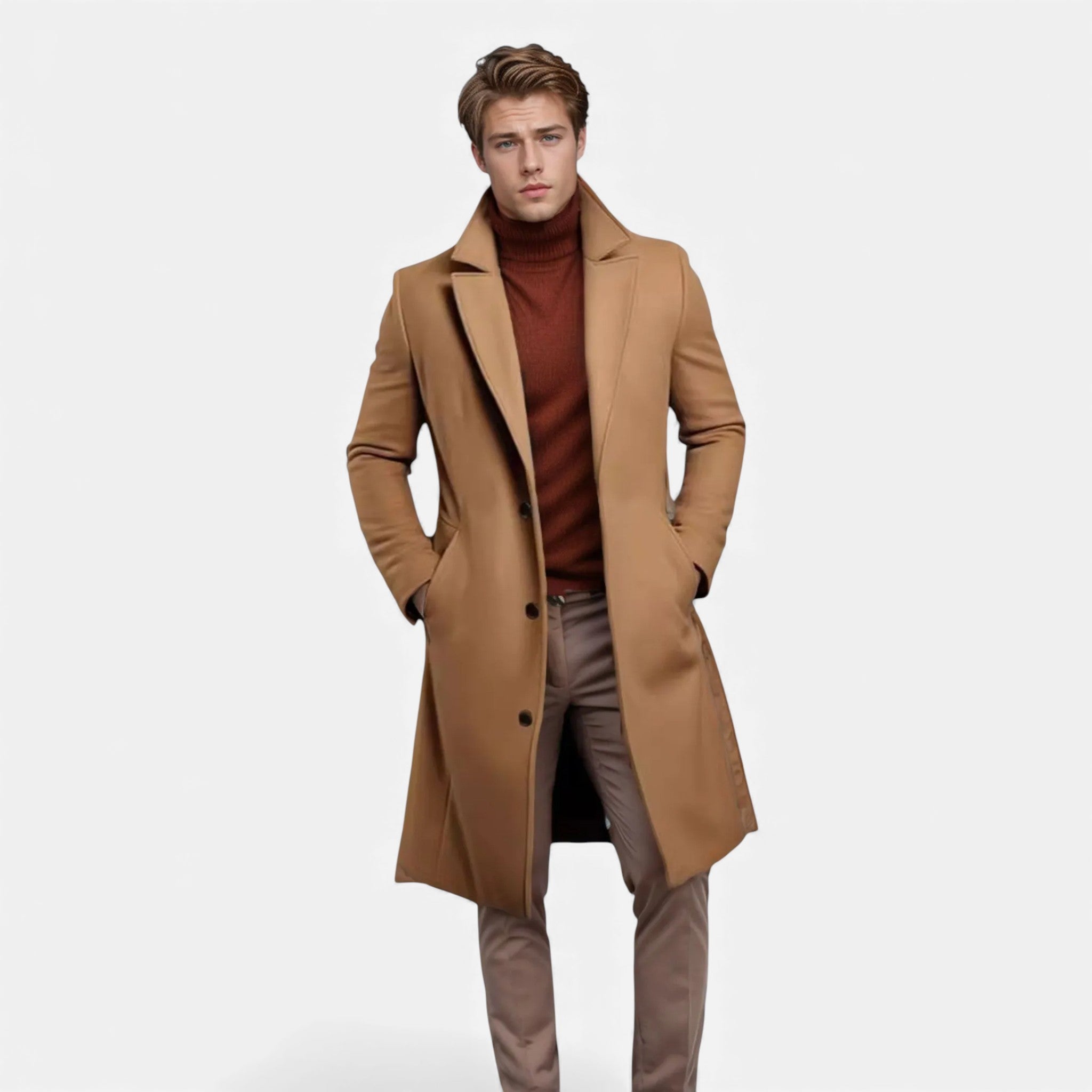 Valmonti | Men’s Single-Breasted Trench Coat – Classic Mid-Length Coat