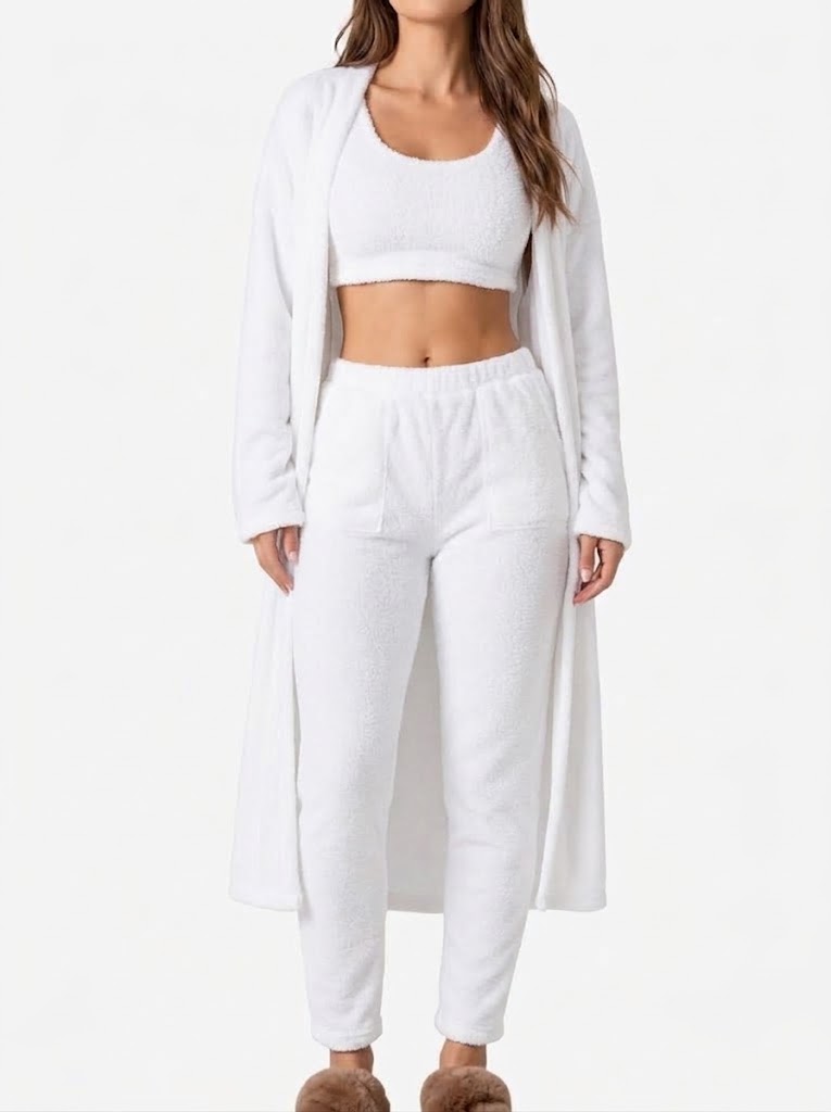 Women’s Plush Three-Piece Loungewear Set – Cropped Tank Top with Longline Cardigan and Elasticated Trousers for Home and Travel