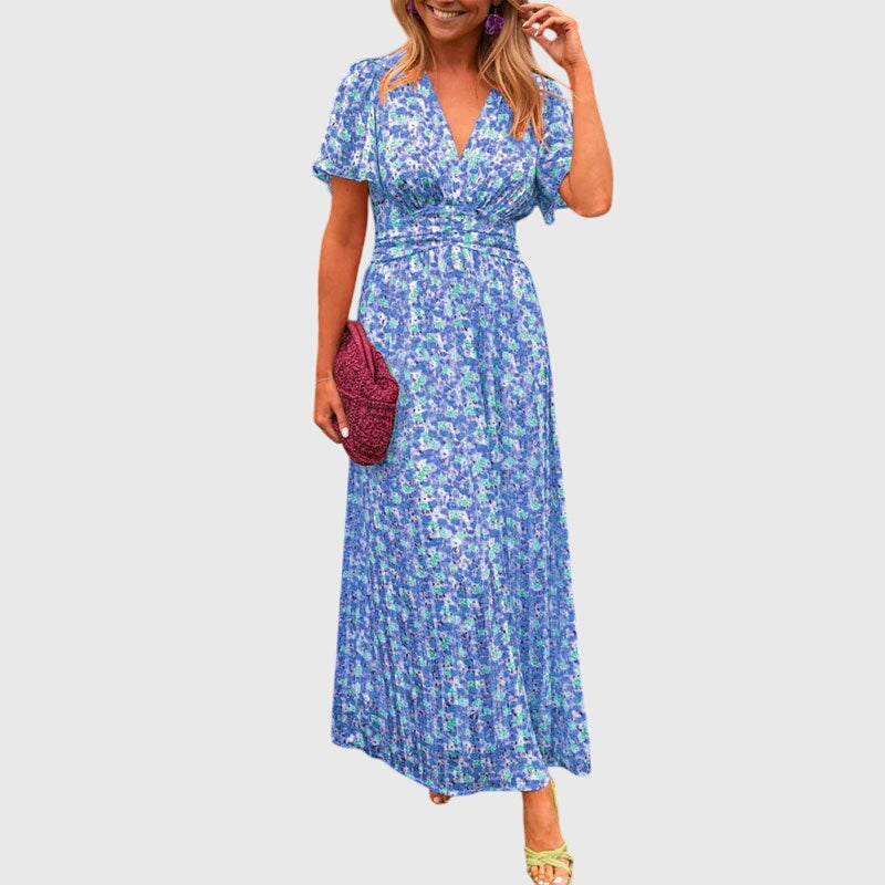 Women’s Printed Wrap-Style Maxi Dress – Short Sleeve Outfit for Summer Events