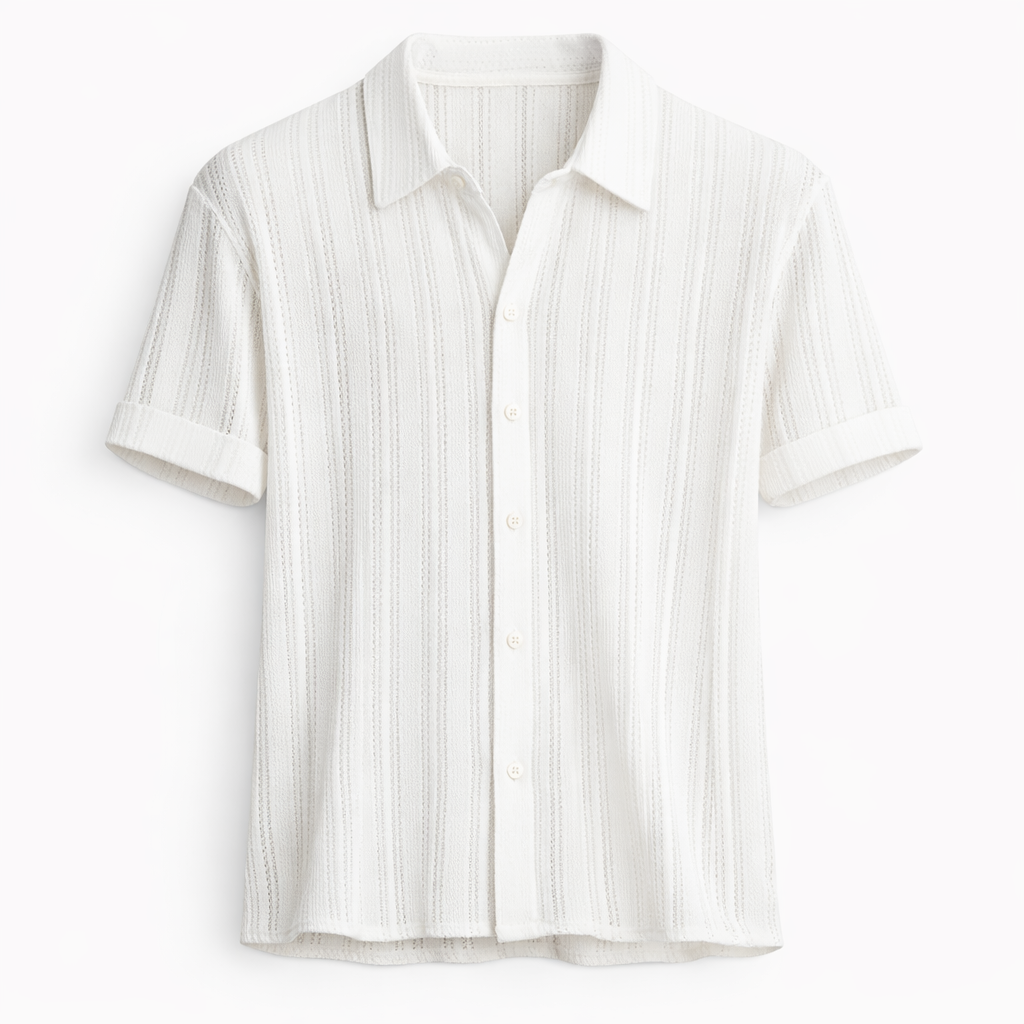 Men’s Knit Polo Shirt Textured Vertical Stripe Summer Top
