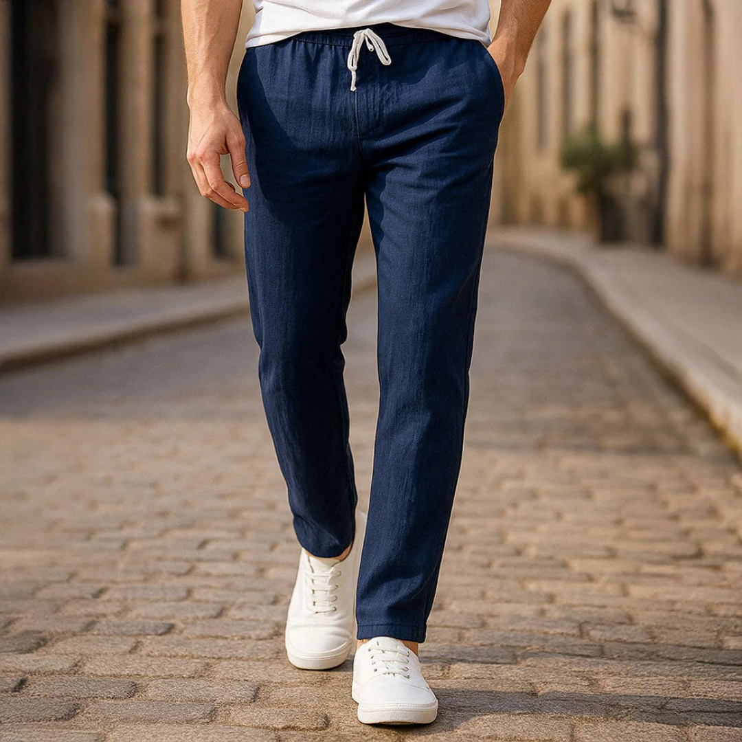 Pantalon léger pour homme en lin avec cordon de serrage – pantalon d’été décontracté pour le quotidien et les voyages