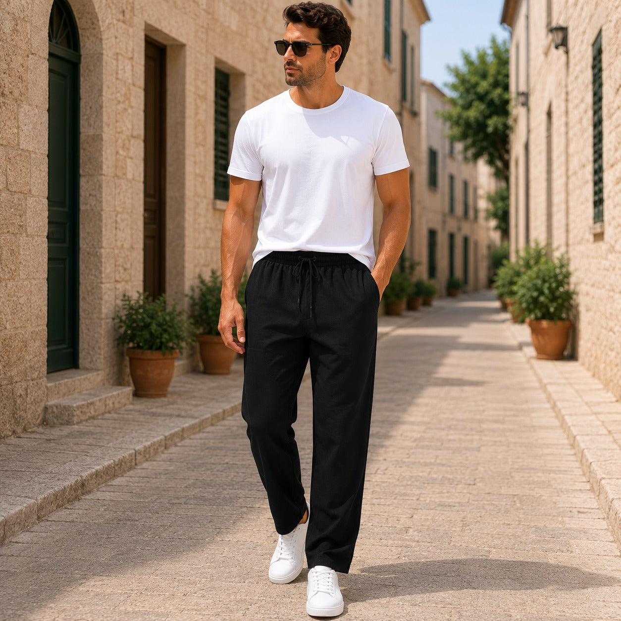 Pantalon léger pour homme en lin avec cordon de serrage – pantalon d’été décontracté pour le quotidien et les voyages