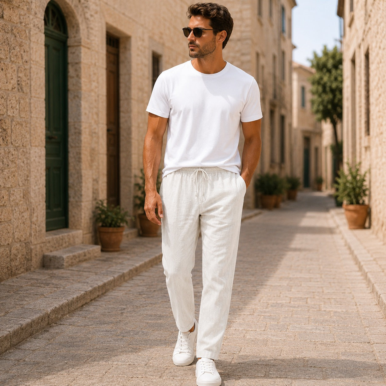 Pantalon léger pour homme en lin avec cordon de serrage – pantalon d’été décontracté pour le quotidien et les voyages