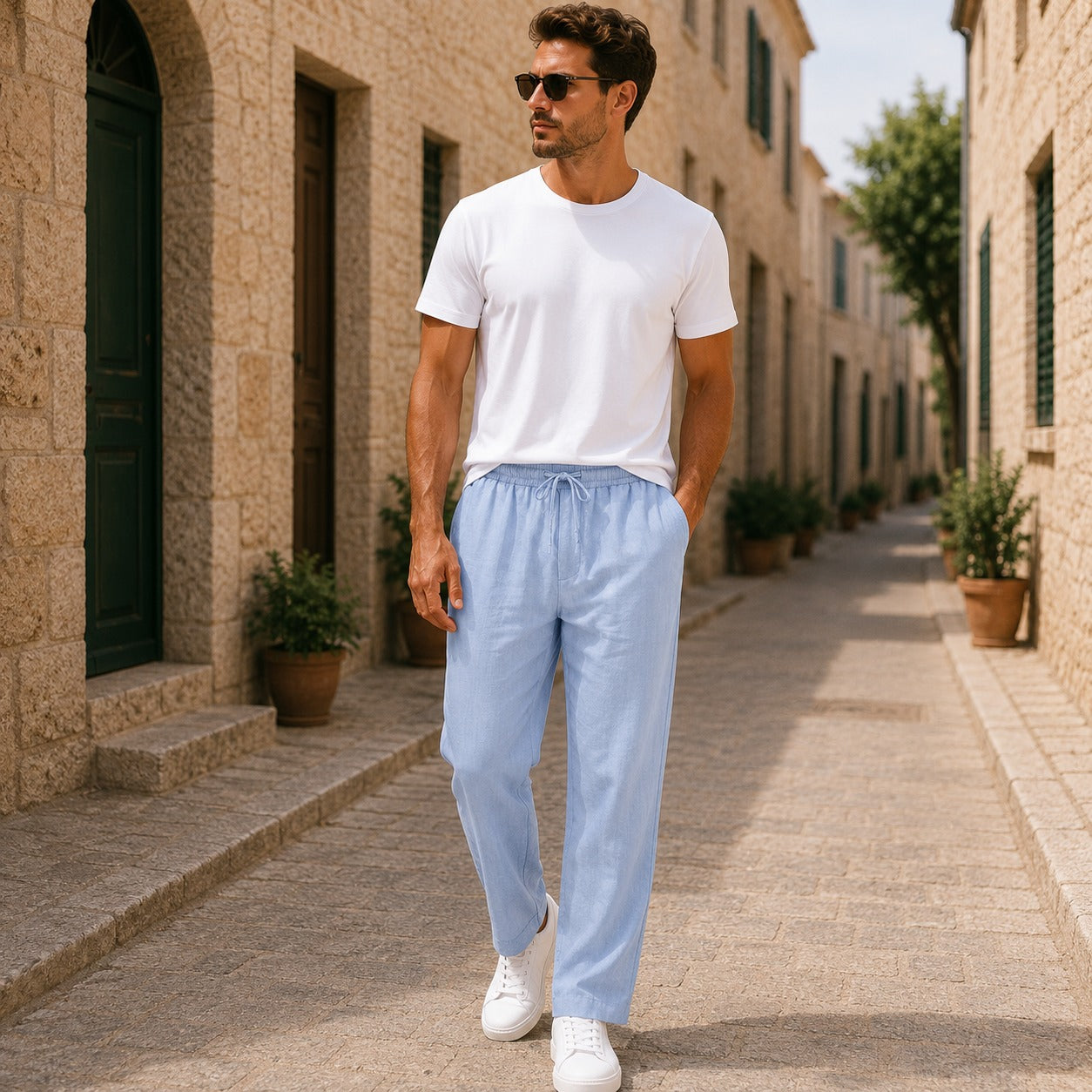 Pantalon léger pour homme en lin avec cordon de serrage – pantalon d’été décontracté pour le quotidien et les voyages