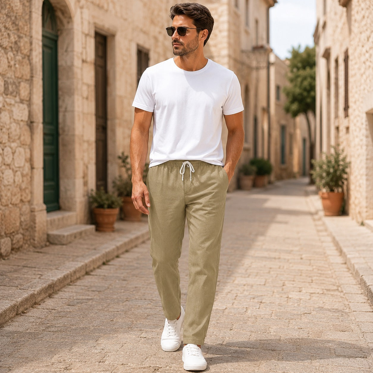 Pantalon léger pour homme en lin avec cordon de serrage – pantalon d’été décontracté pour le quotidien et les voyages