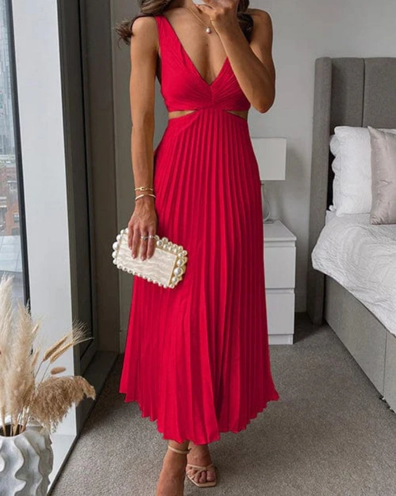 Women’s Pleated Cut-Out Midi Dress – V-Neck Wedding Guest Style for Elegant Events