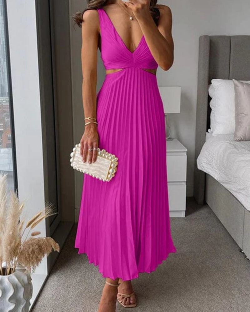 Women’s Pleated Cut-Out Midi Dress – V-Neck Wedding Guest Style for Elegant Events