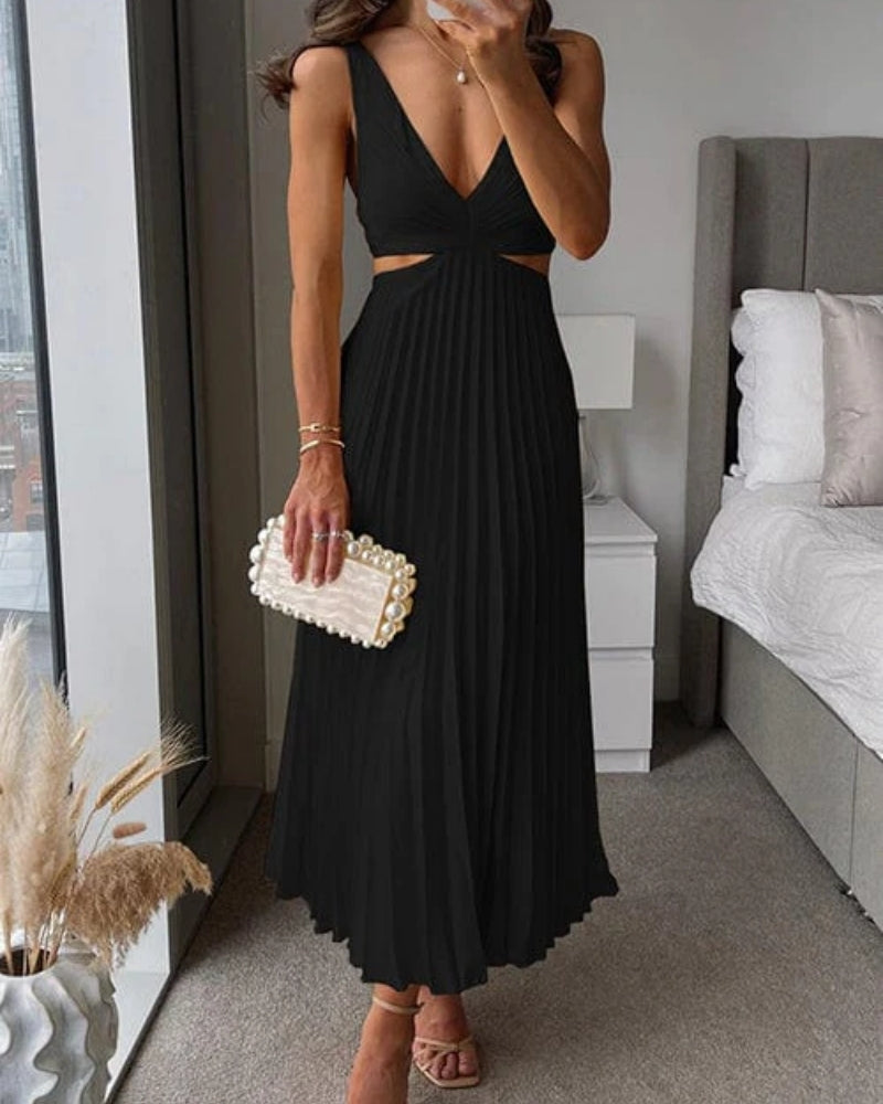 Women’s Pleated Cut-Out Midi Dress – V-Neck Wedding Guest Style for Elegant Events