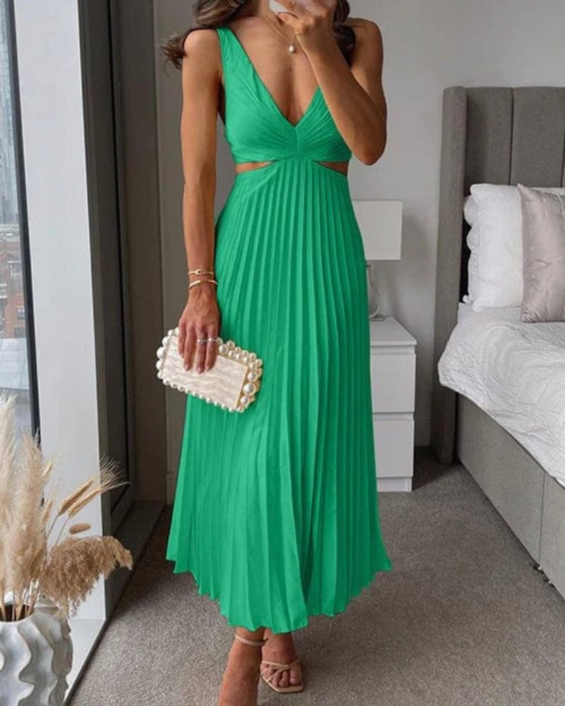Women’s Pleated Cut-Out Midi Dress – V-Neck Wedding Guest Style for Elegant Events