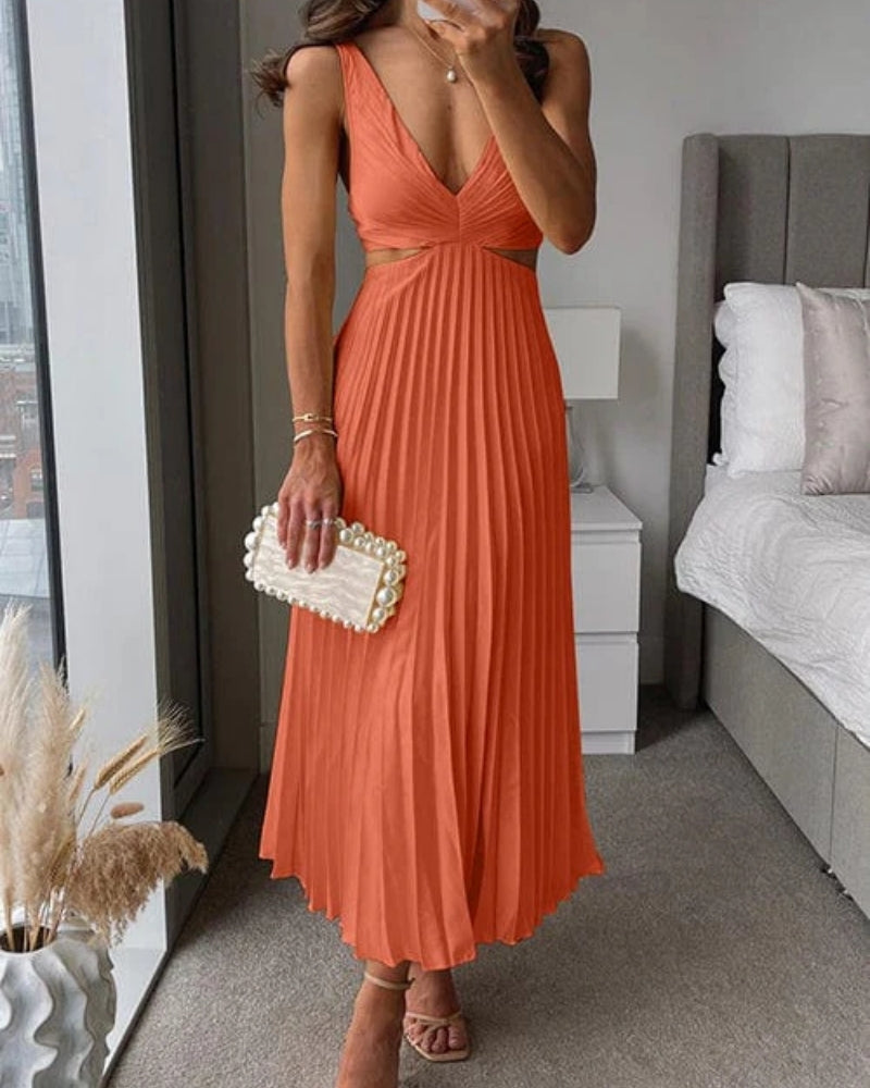 Women’s Pleated Cut-Out Midi Dress – V-Neck Wedding Guest Style for Elegant Events