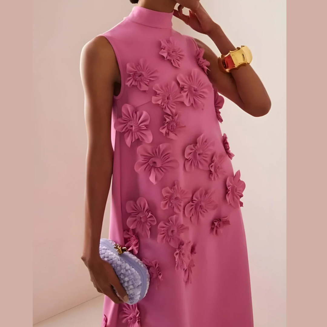 Women’s 3D Floral Maxi Dress – High Neck Evening Gown for Weddings and Special Events