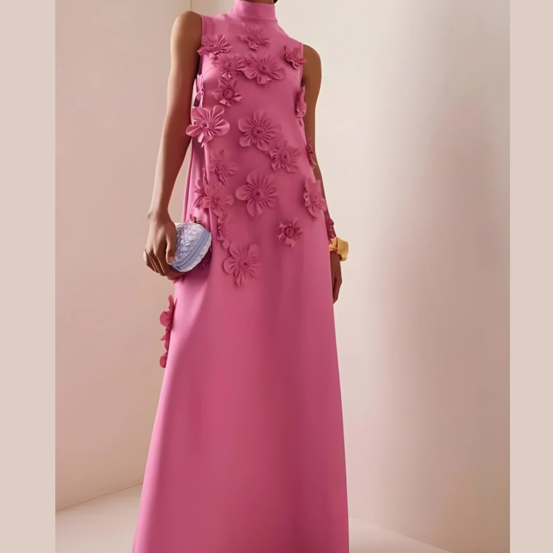 Women’s 3D Floral Maxi Dress – High Neck Evening Gown for Weddings and Special Events