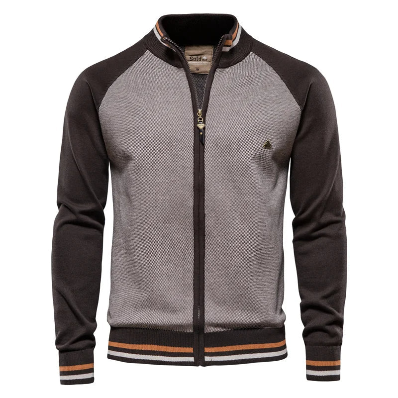 Cardigan bărbătesc cu fermoar, din 100% bumbac – tricot moale cu guler înalt pentru iarnă și ținute casual