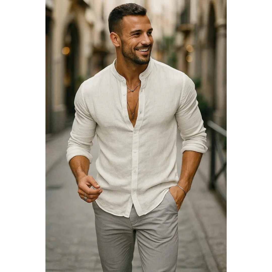 Men’s Collarless Long Sleeve Shirt – Lightweight Summer Style for Holidays and Casual Wear