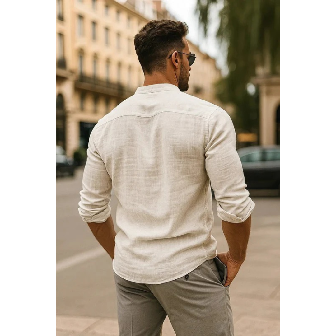Men’s Collarless Long Sleeve Shirt – Lightweight Summer Style for Holidays and Casual Wear