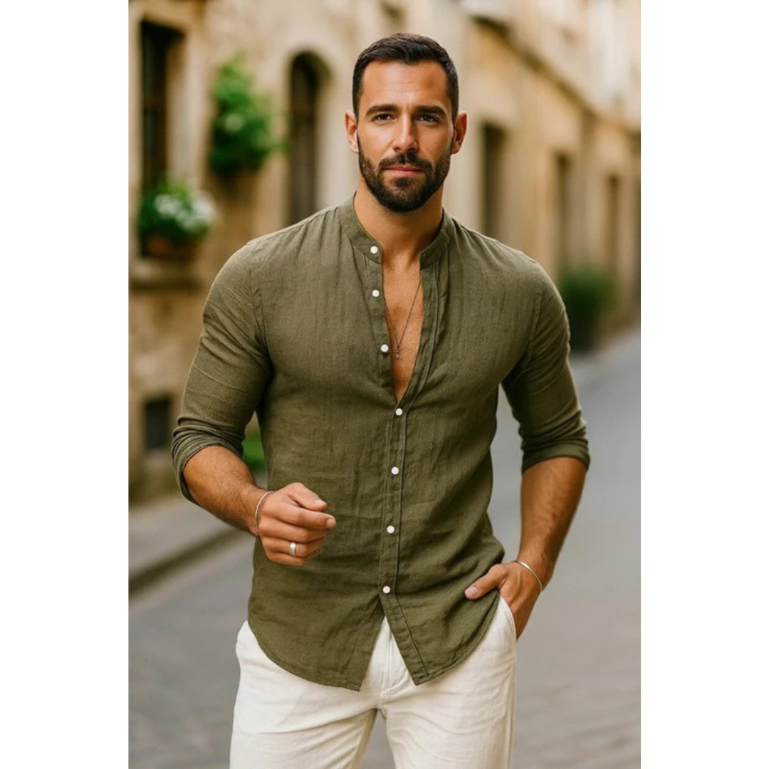 Men’s Collarless Long Sleeve Shirt – Lightweight Summer Style for Holidays and Casual Wear