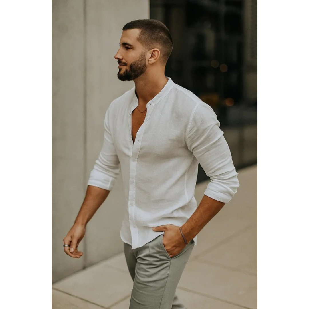 Men’s Collarless Long Sleeve Shirt – Lightweight Summer Style for Holidays and Casual Wear