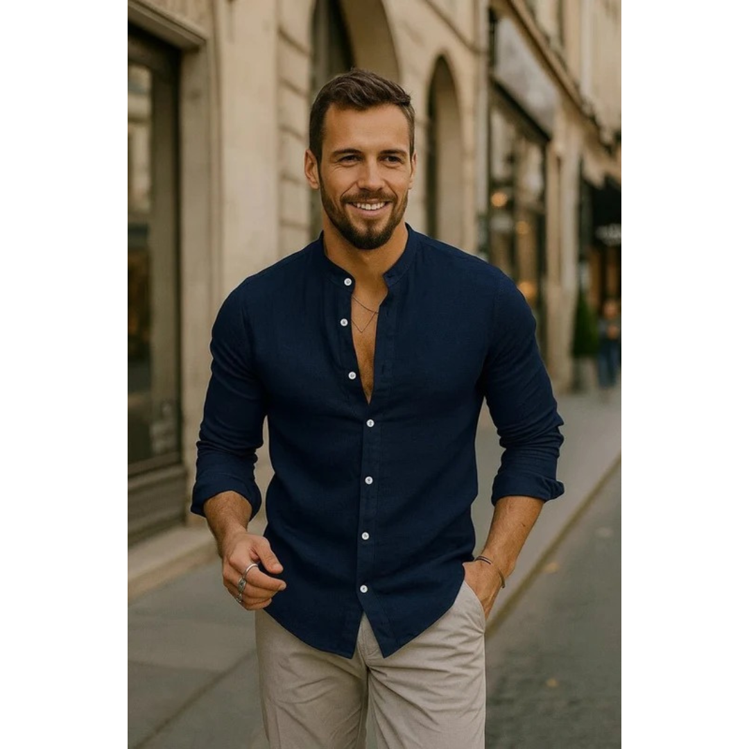 Men’s Collarless Long Sleeve Shirt – Lightweight Summer Style for Holidays and Casual Wear