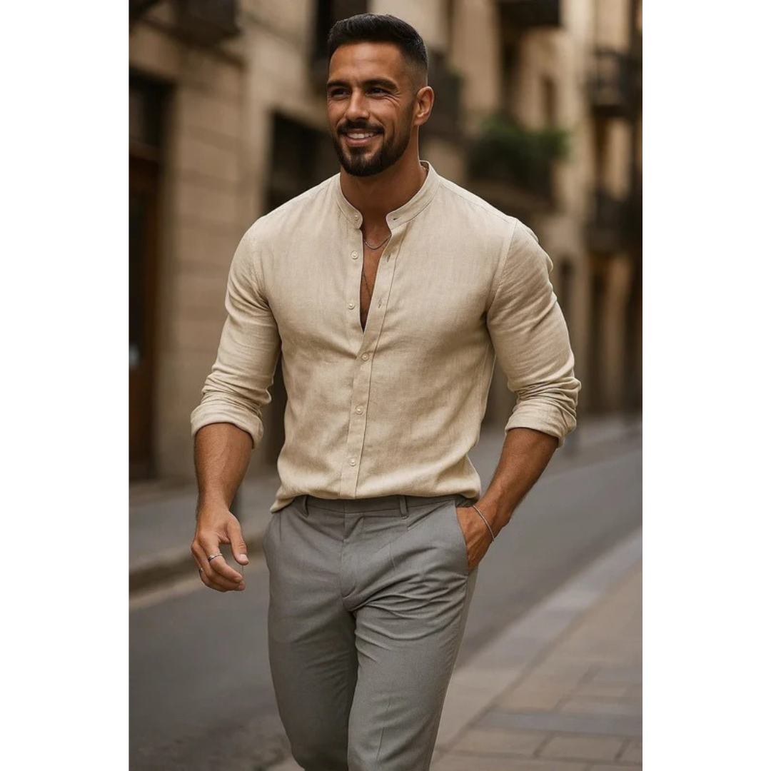 Men’s Collarless Long Sleeve Shirt – Lightweight Summer Style for Holidays and Casual Wear