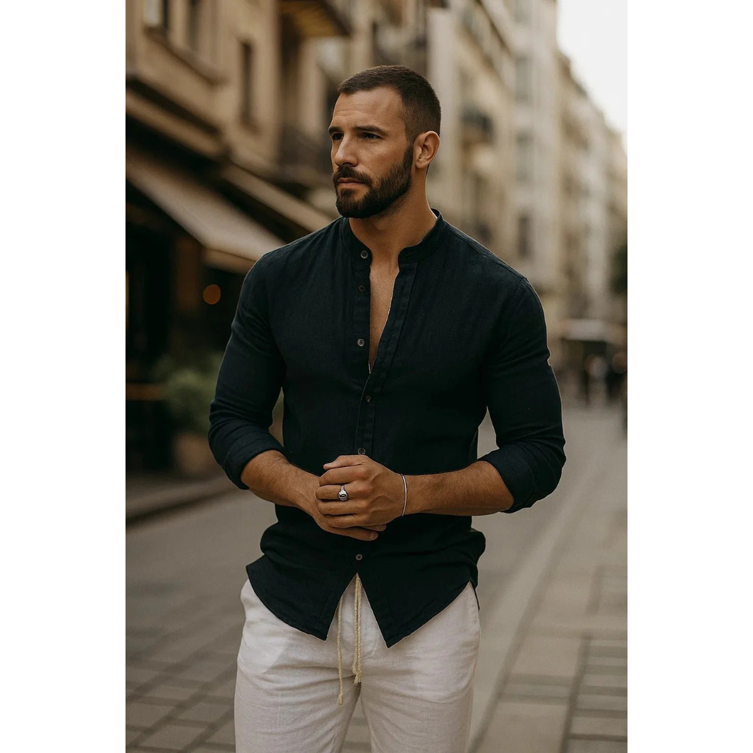 Men’s Collarless Long Sleeve Shirt – Lightweight Summer Style for Holidays and Casual Wear