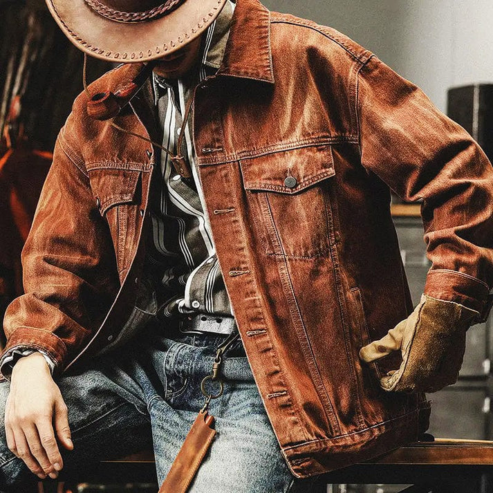Vintage-Jeansjacke mit Waschung für Herren – Lässige Trucker-Jacke mit aufgesetzten Brusttaschen mit Patte und Used-Finish