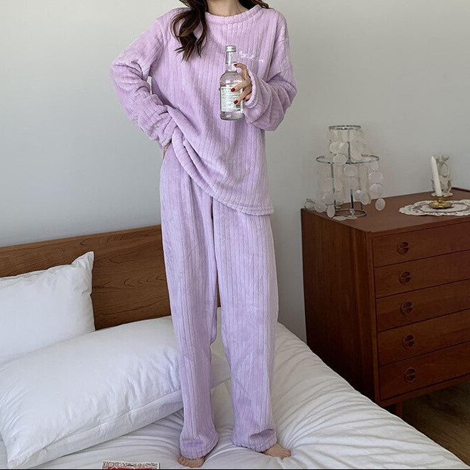 Dameset met geribde fleece top met lange mouwen en broek – zachte, comfortabele tweedelige loungewear voor herfst en winter