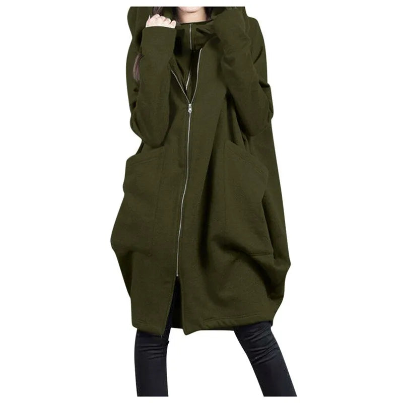 Women’s Oversized Hooded Long Winter Coat – Relaxed Zip-Up Layer for Casual Cold-Weather Wear