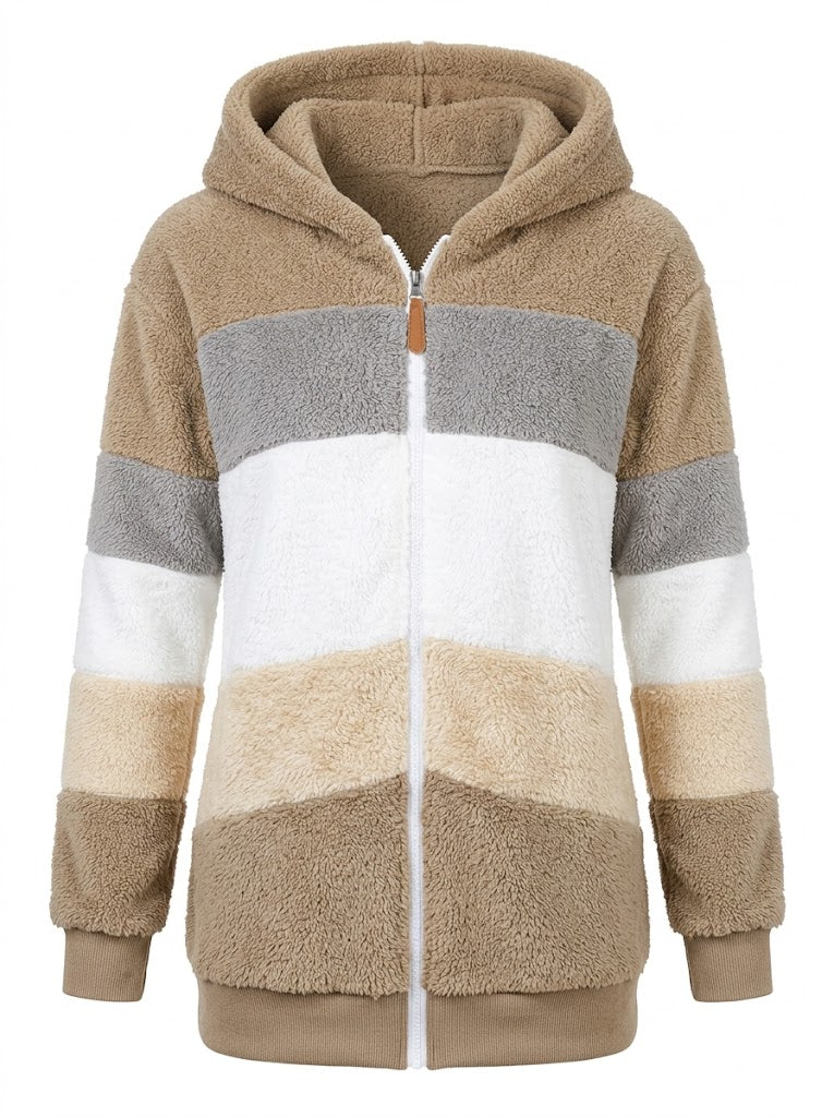 Veste à capuche pour femme en polaire teddy bicolore – couche chaude zippée pour l’hiver