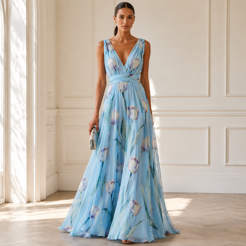 Women’s Printed V-Neck Maxi Dress – Flowing Wedding Guest Style for Summer Events