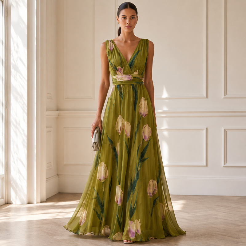 Women’s Printed V-Neck Maxi Dress – Flowing Wedding Guest Style for Summer Events