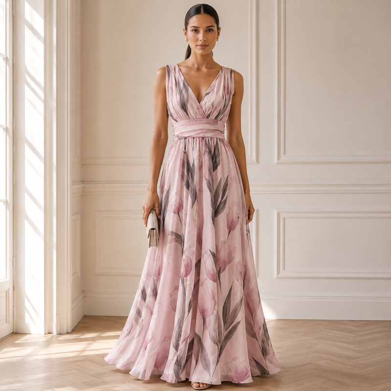 Women’s Printed V-Neck Maxi Dress – Flowing Wedding Guest Style for Summer Events