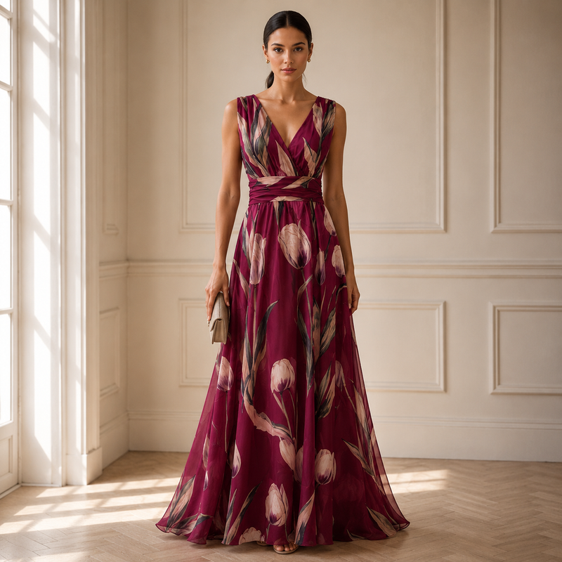 Women’s Printed V-Neck Maxi Dress – Flowing Wedding Guest Style for Summer Events
