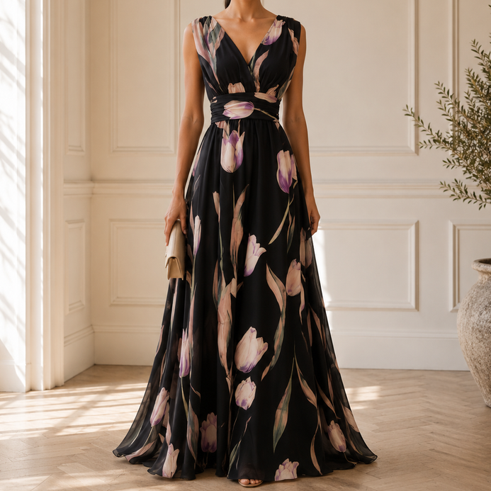 Women’s Printed V-Neck Maxi Dress – Flowing Wedding Guest Style for Summer Events