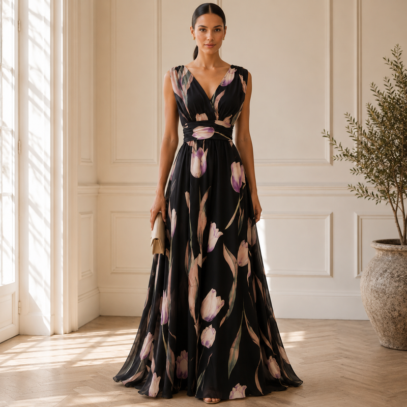 Women’s Printed V-Neck Maxi Dress – Flowing Wedding Guest Style for Summer Events