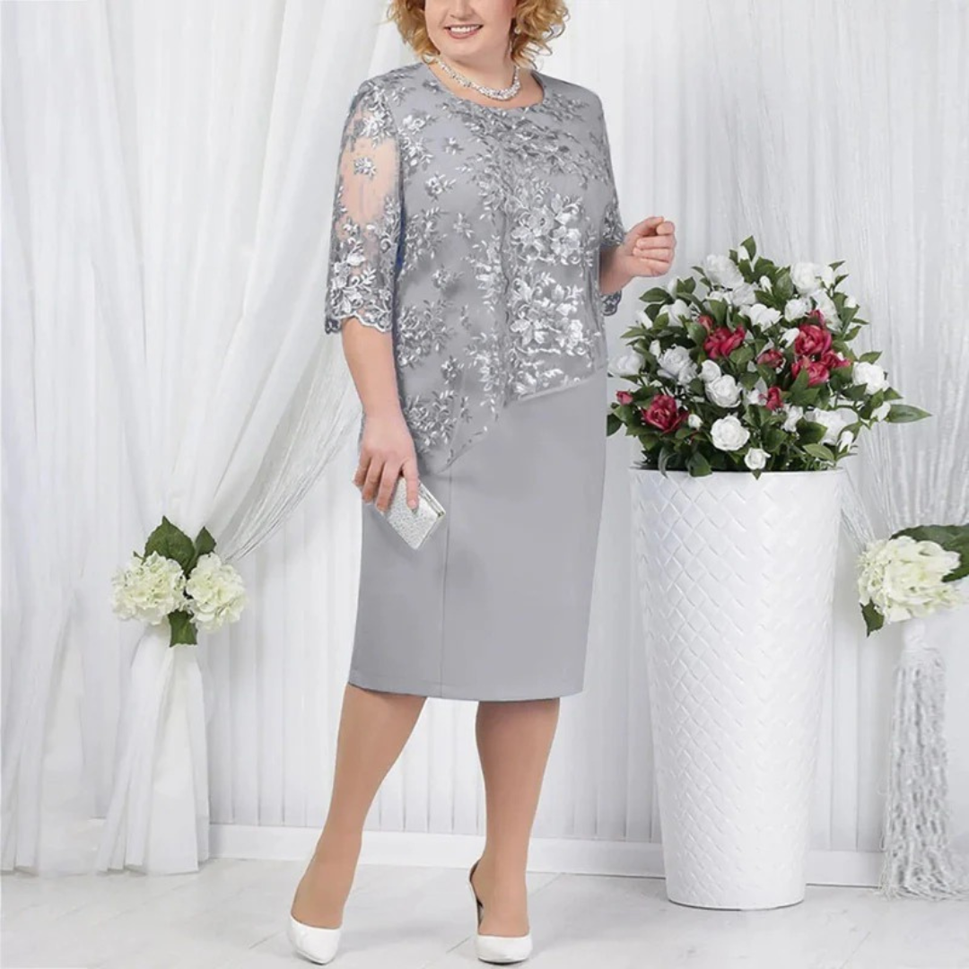 Women’s Embroidered Midi Evening Dress – Lace Sleeve Occasion Style for Celebrations and Events